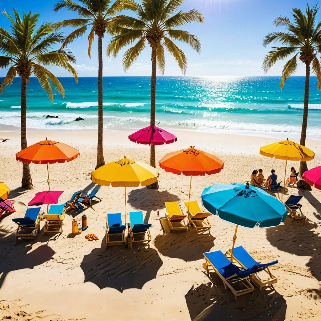 A vibrant beach scene showcasing an array of stylish beachwear trends, featuring models in colorful swimsuits, cover-ups, and accessories, with golden sunlight reflecting on the ocean waves. palm trees and beach umbrellas add a tropical vibe, while beachgoers enjoy the sunny day. The composition is lively and eye-catching, inviting viewers into the summer atmosphere. super-realistic. vibrant colors. sunny atmosphere.