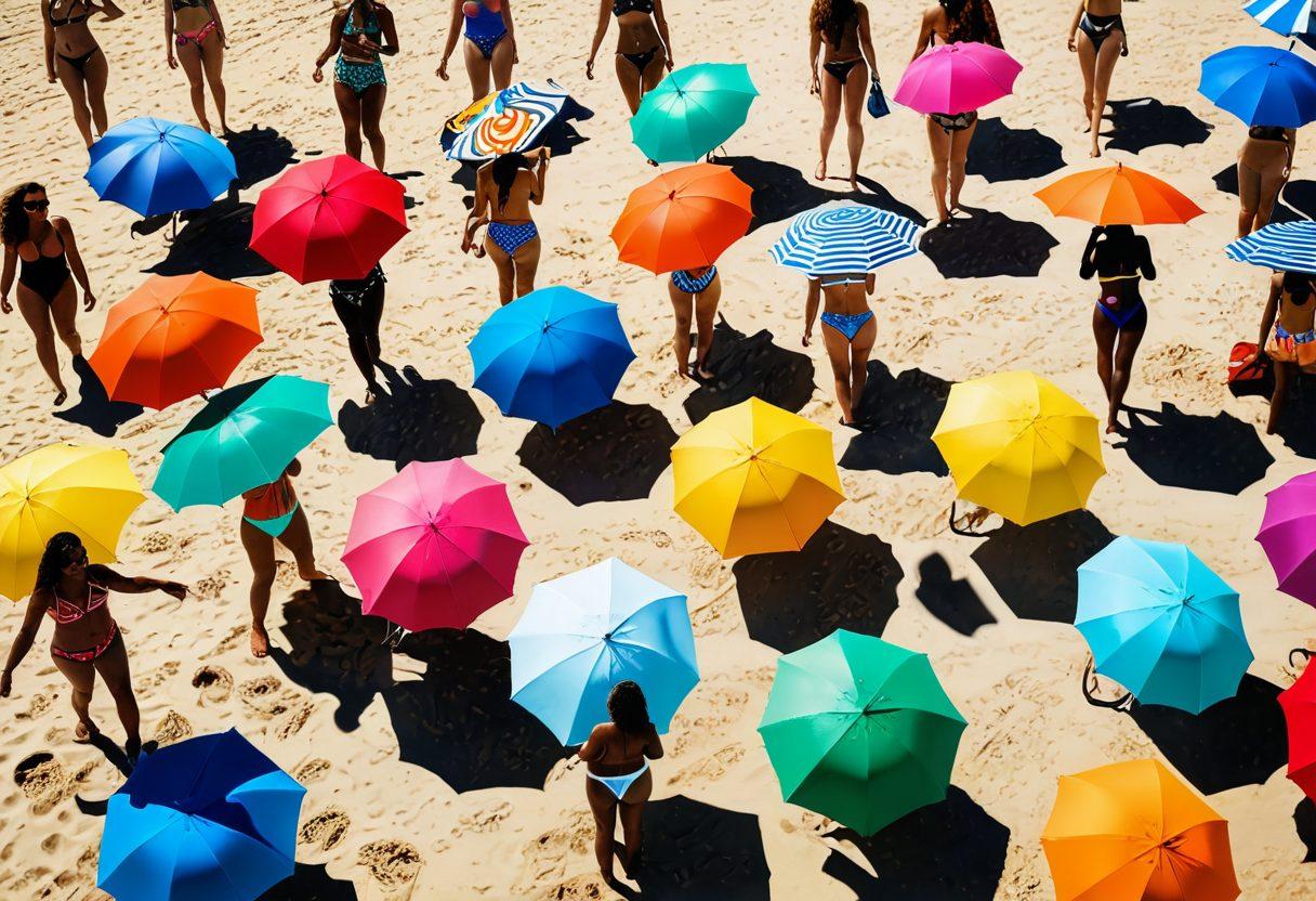 A vibrant beach scene showcasing various stylish bikinis and beachwear on diverse models of different body types enjoying the sun. Include colorful beach umbrellas, a sparkling ocean in the background, and beach accessories like sunglasses and hats. Emphasize the joy of summer and body positivity. super-realistic. vibrant colors. sunny atmosphere.